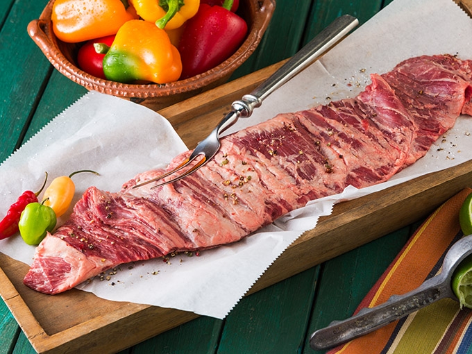 Rumba Meats Beef Outside Skirt Steak Raw on Cutting Board