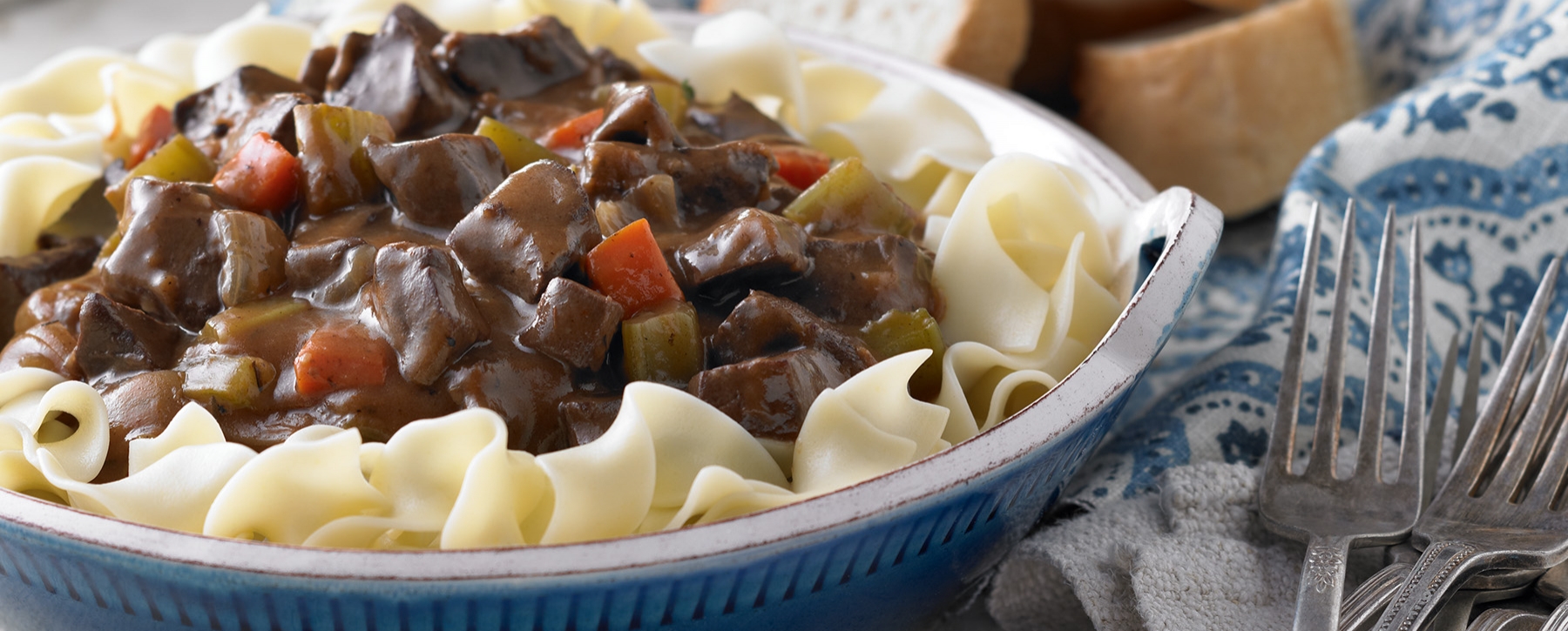Beef Heart Stew with Noodles Recipe Plated