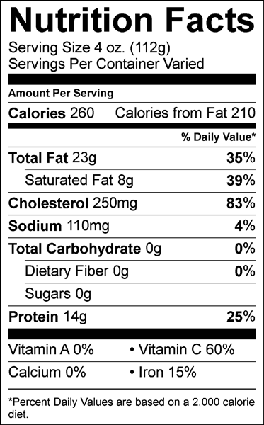 Rumba Sweetbread Nutrition Label